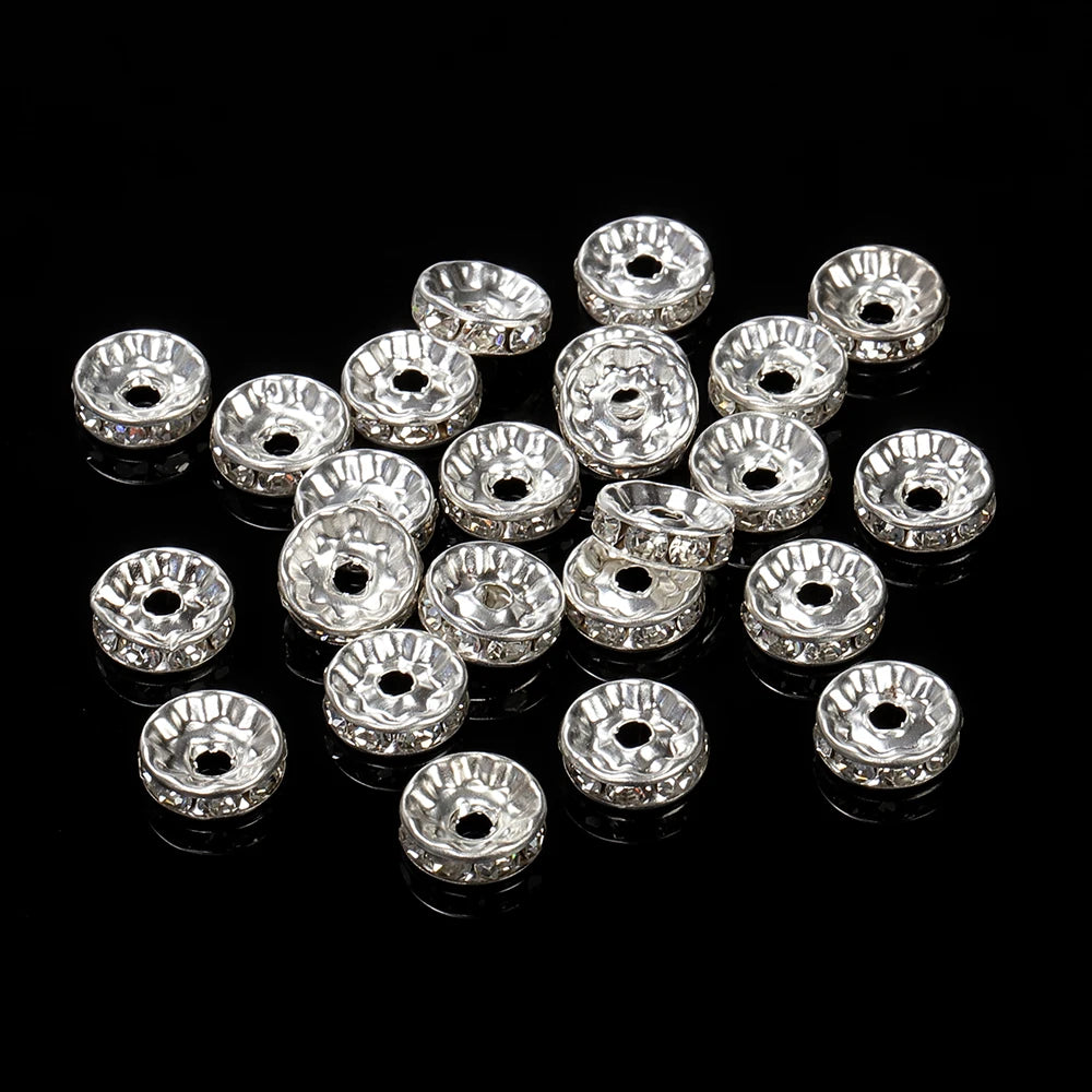 100Pcs 4/6/8/10Mm Gold Silver Rhinestone Rondelles Crystal Beads round Loose Spacer Beads for Jewelry Making DIY Accessories