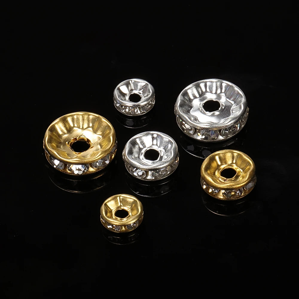 100Pcs 4/6/8/10Mm Gold Silver Rhinestone Rondelles Crystal Beads round Loose Spacer Beads for Jewelry Making DIY Accessories