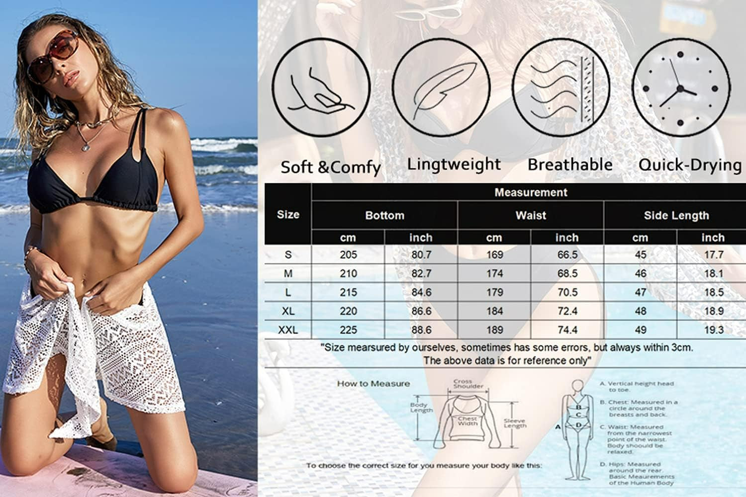 Women 2 Pieces Crochet Cover up Bathing Suit Cover up Lace Sarong Bikini Wrap Cover up Swimsuit Wrap Skirt Black & Pink XXL
