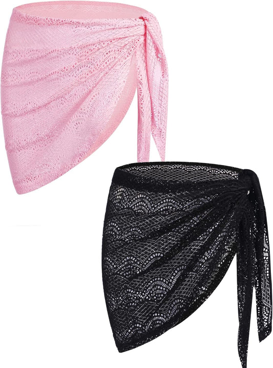 Women 2 Pieces Crochet Cover up Bathing Suit Cover up Lace Sarong Bikini Wrap Cover up Swimsuit Wrap Skirt Black & Pink XXL
