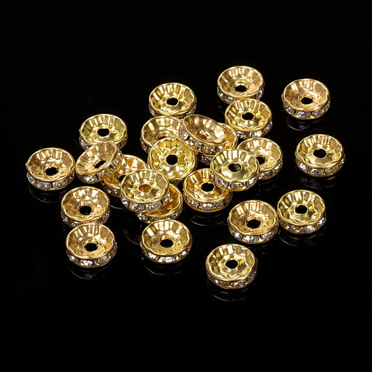 100Pcs 4/6/8/10Mm Gold Silver Rhinestone Rondelles Crystal Beads round Loose Spacer Beads for Jewelry Making DIY Accessories