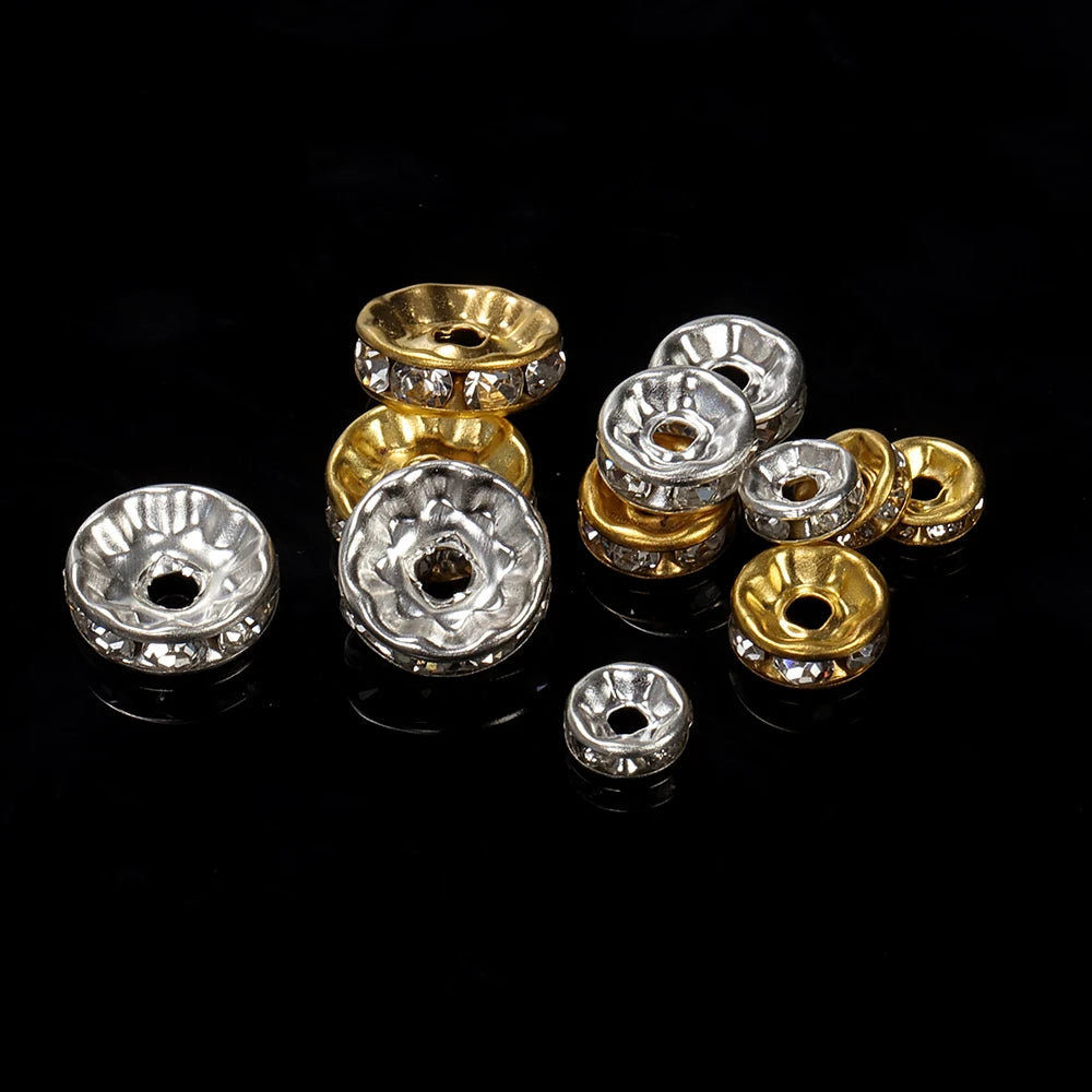 100Pcs 4/6/8/10Mm Gold Silver Rhinestone Rondelles Crystal Beads round Loose Spacer Beads for Jewelry Making DIY Accessories