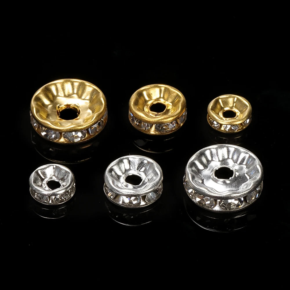 100Pcs 4/6/8/10Mm Gold Silver Rhinestone Rondelles Crystal Beads round Loose Spacer Beads for Jewelry Making DIY Accessories