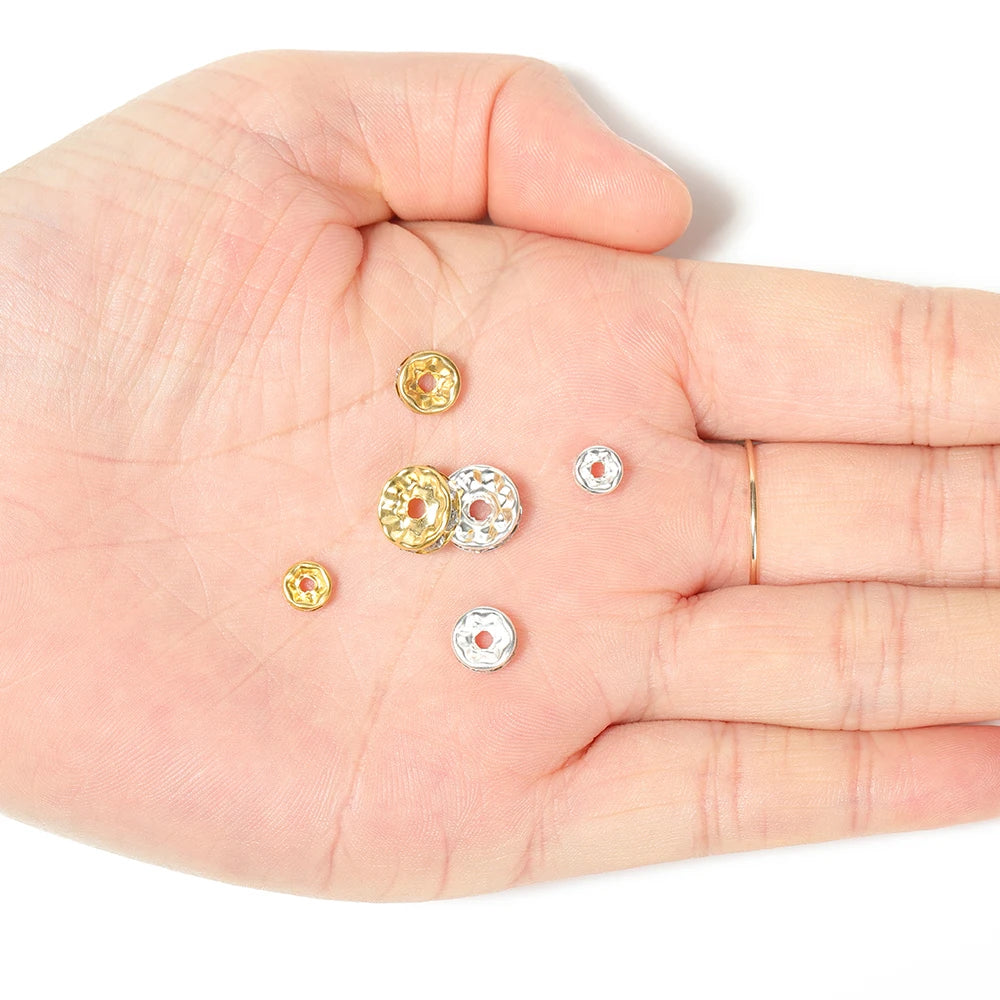 100Pcs 4/6/8/10Mm Gold Silver Rhinestone Rondelles Crystal Beads round Loose Spacer Beads for Jewelry Making DIY Accessories